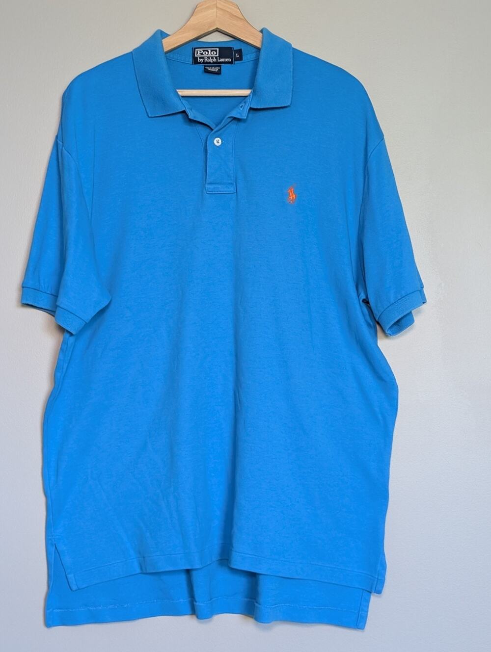 Polo Ralph Lauren Shirt Mens Large Teal Turquoise Short Sleeve Orange Pony Polo
